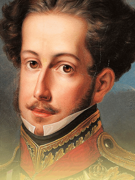 Imagem de Dom Pedro I, figura histórica brasileira, homenageando atividades do Dia da Independência com traje imperial e expressão de orgulho nacional.