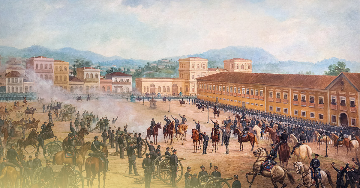 Ilustração da Proclamação da República do Brasil, com tropas, lideranças e multidão na praça, destacando o evento histórico que marcou o fim do regime imperial e a transição para a república.