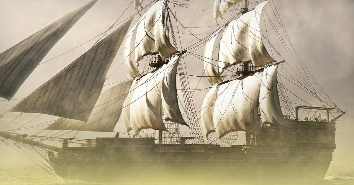 Navio português do período colonial navegando, simbolizando a chegada do Carnaval ao Brasil durante a colonização nos séculos XVI e XVII.